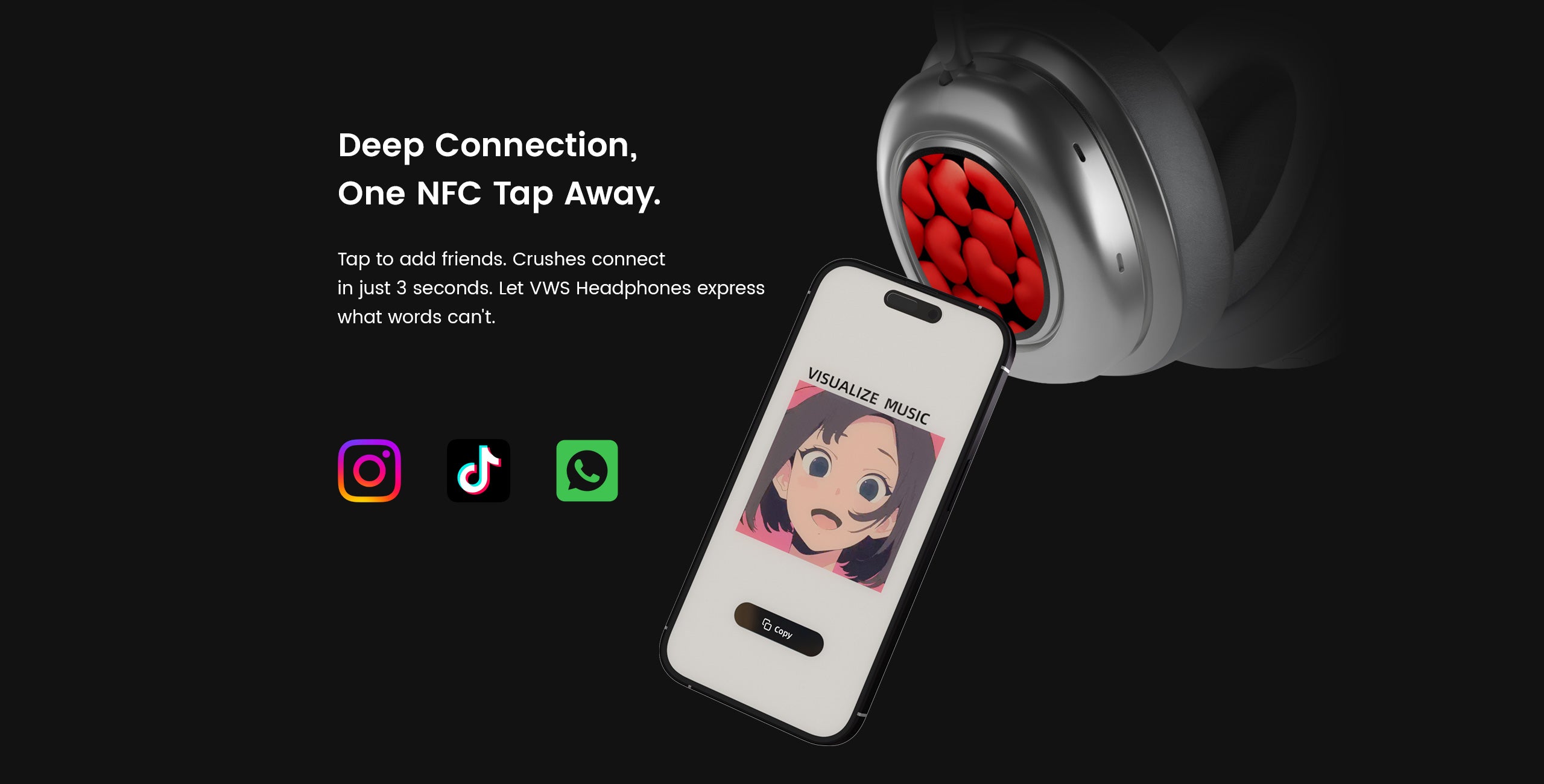 MorningBlues VWS X1 headphones tap-to-connect NFC feature close-up
